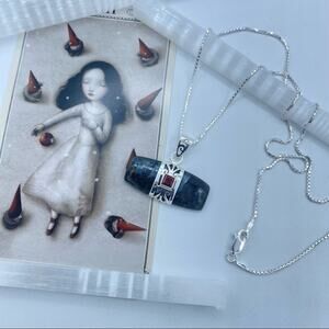 Larvikite Black Moonstone & Garnet Pendant Sterling Silver Necklace 18